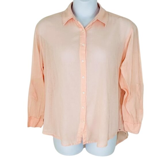 Sundry Women's Size 3 L Take It Easy Sheer Roll Tab Sleeve Peach Shirt - Picture 2 of 8